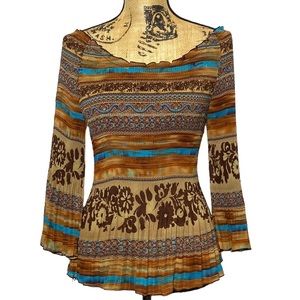 Brown Blue Floral Elastic Stretch Off the Shoulder Blouse S